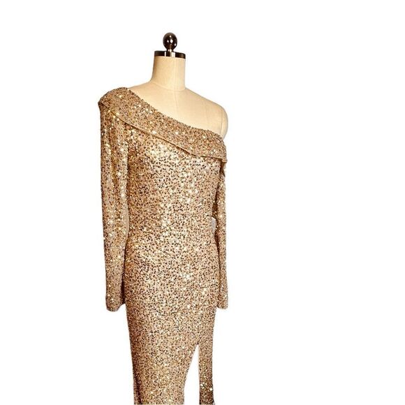 Mac Duggal Gold Sequin One-Shoulder Maxi Dress - Picture 7 of 10